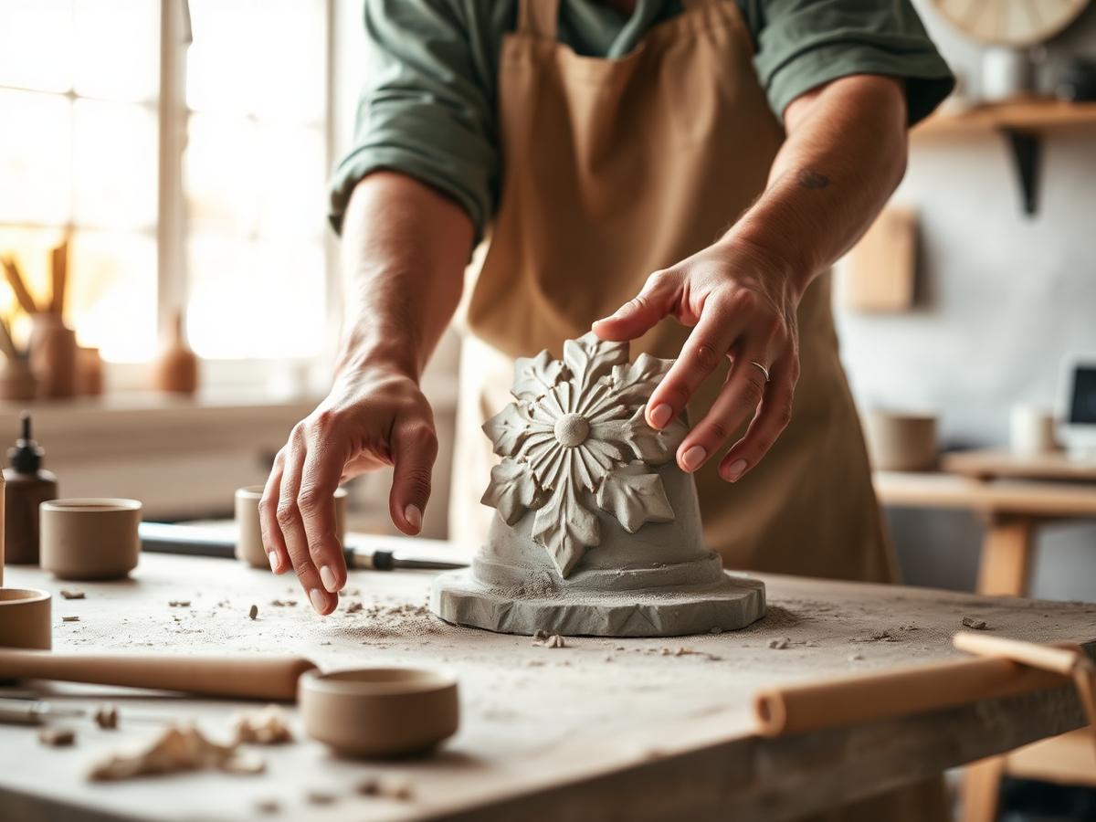 Produção artesanal de peça em concreto no ateliê