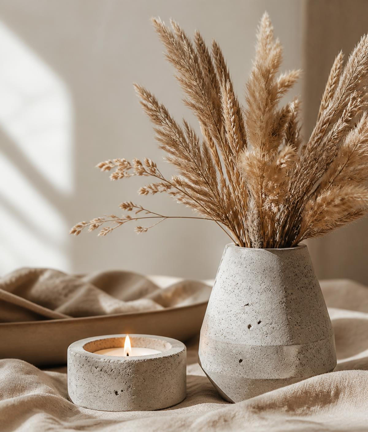 Vaso e porta-vela de concreto artesanal com flores secas