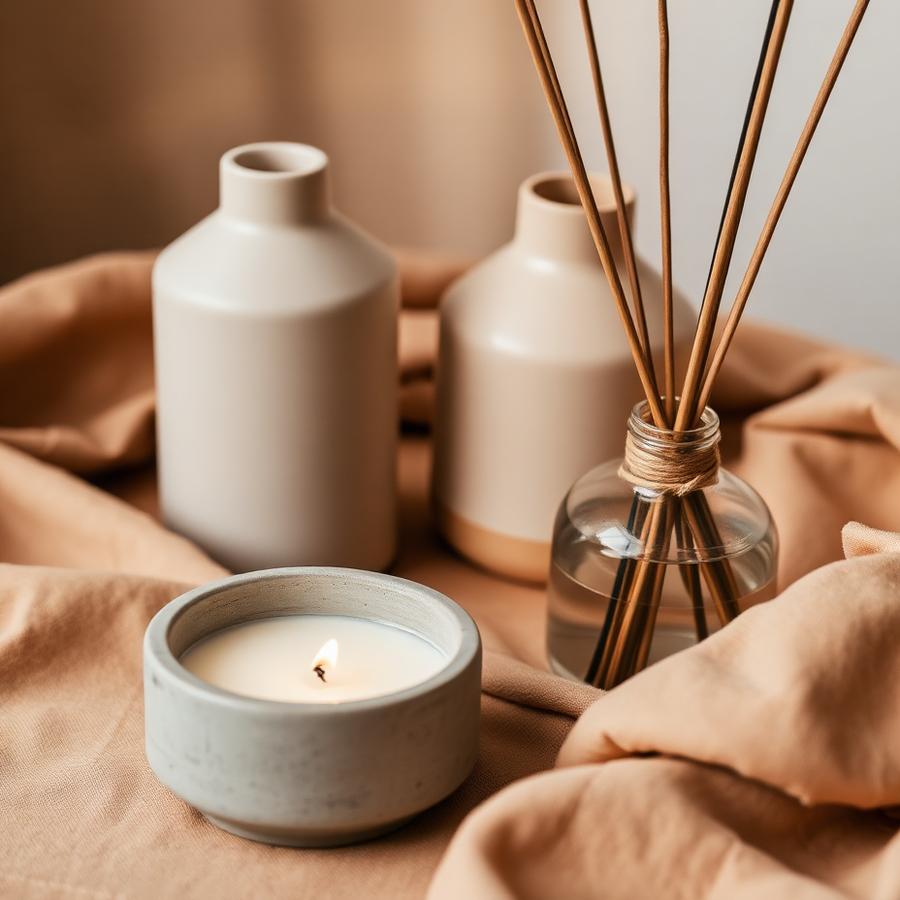 Velas aromáticas e difusor em recipientes de concreto